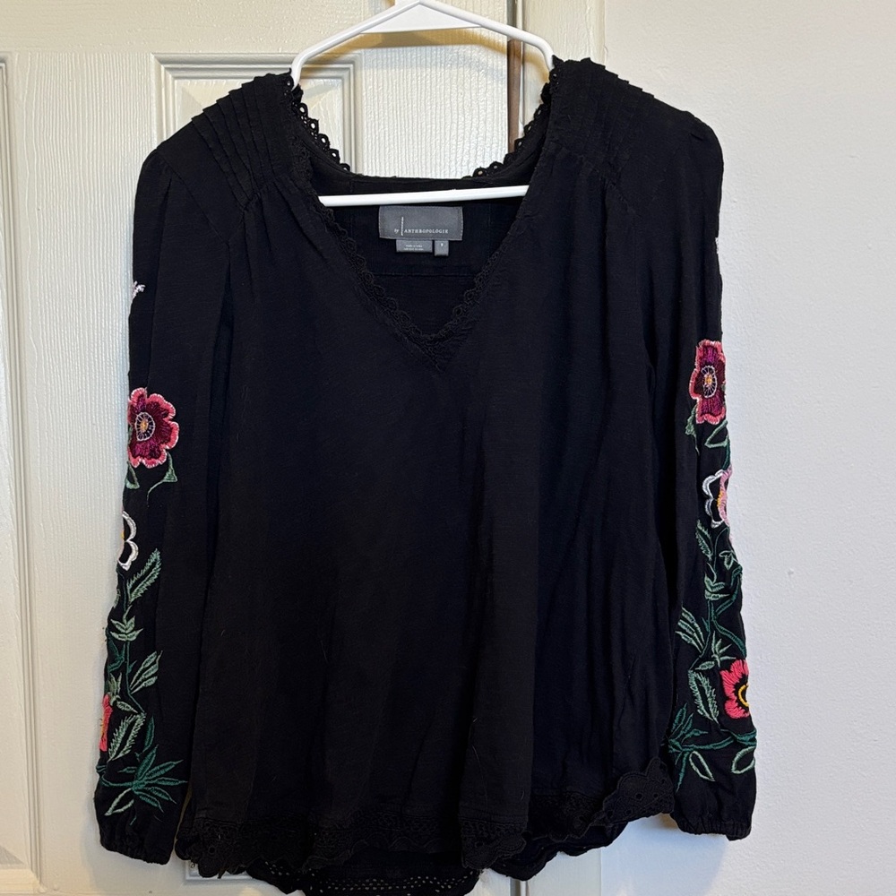 Anthropologie Black Blouse with Floral Embroidery